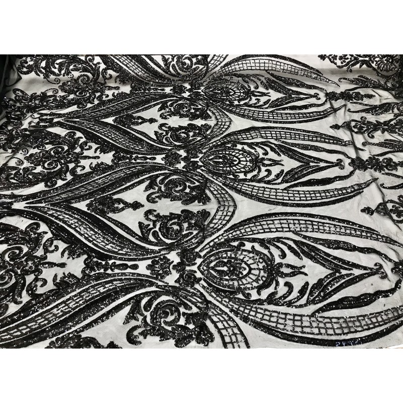 Black Stretch Sequins Lace Fabric by the Yard - J S International