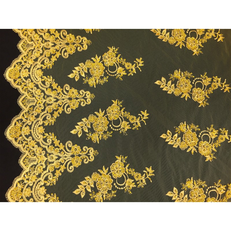 Black and gold lace fabric black lace with golden yellow floral